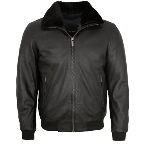 bugatti - Herren Echtleder Lederjacke Weste Fellkragen Lammnappa schwarz