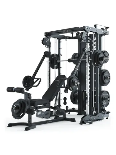ATLETICA KSK Multipresse Set | OUTPERFORM - Kraftstation für Ganzkörpertraining mit 2 x 90 kg Steckgewichten, Jammer Arms und Leg Press. Ideal für gezielte Übungen von Bizeps bis Beine, inklusive verstellbarer X-Bench für maximale Flexibilität.