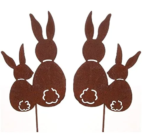 Dragimex dekorativer Gartenstecker Oster-Deko-Stecker Osterhase Hasenpaar Metall edelrostig Preis für 2 Stück, Braun, ca. 12,5 x 20 mit Stab ca. 78 cm lang