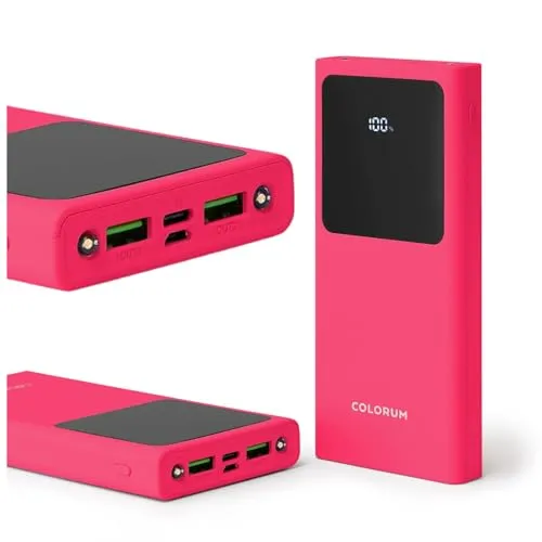 FOREVER Colorum Power Bank 10000mAh Magenta - Tragbarer Externer Handy-Akku mit USB-C oder microUSB - Powerbank mit Display LED - Gleichzeitiges Laden von Zwei Geräten - Powerbank mit Zwei LED-Dioden