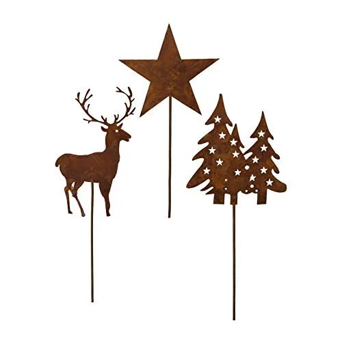 creativ home Metall STECKER Set - Hirsch, Baum, Stern (3 Stück) - Dekoratives 3er Set aus rostigen Metallsteckern für Weihnachtsdekoration. Ideal für Blumentöpfe, Balkonkästen oder als Geschenkstecker, mit einer Größe von ca. 15 - 18 cm.