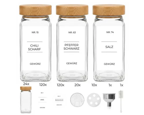24x Gewürzgläser mit Bambusdeckel - Vorratsgläser für Gewürze - Praktische 24x Gewürzgläser mit Bambusdeckel und Streueinsatz, inkl. 50 Etiketten, Kreidestift & Silikontrichter. Ideal für frische Gewürze und perfekte als Geschenk!