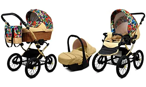 BabyLux Kinderwagen 3in1 mit Autositz für Kleinkinder – Kinderwagen für Neugeborene und Kleinkinder –– Baby Neugeborenen Kinderwagen – 59x105x125cm – Max 15kg – Jungle Flowers Gold Frame