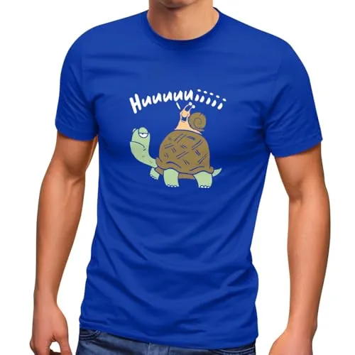 MoonWorks® Herren T-Shirt Schildkröte Schnecke Huuuuiiii Lustig Witzig Scherz Comic Fun-Shirt Spruch lustig Blau XS