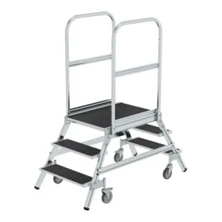 MUNK Podestleiter 59203 - Beidseitig begehbar & fahrbar - Podesttreppe mit 2 x 3 R13-Stufen, bis 150 kg belastbar und max. Arbeitshöhe von 2,70 m. Ideal für sicheres Arbeiten in öligen & nassen Bereichen, Made in Germany.