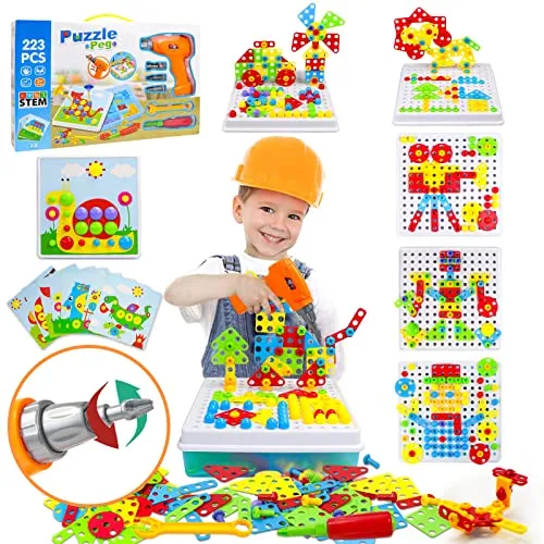 Akokie Steckspiel Spielzeug mit Bohrmaschine - Kunststoffspielzeug ab 3 Jahren - Kreatives 3D Puzzle mit 223 Teilen, fördert Vorstellungskraft und Hand-Auge-Koordination, ideal als Geschenk für kleine Baumeister.