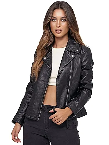 Tazzio Lederjacke moderne & zeitlose Damen Jacke im Biker Look mit Reverskragen F501 (M, Schwarz)