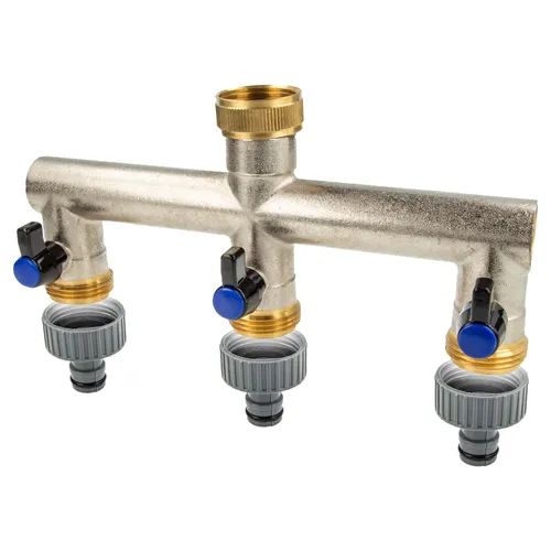 tecuro 3-Wege Verteilerstück 1 Zoll mit Steckkupplung - Gartenbewässerung Zubehör - Ideal zum einfachen Verteilen von Wasser, mit 3 x Kugelventilen und robustem Messing für maximale Langlebigkeit.