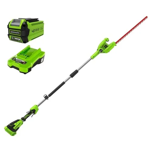 Greenworks G40PHAK2 Akku Stabheckenschere - Leichte Heckenschere mit 51 cm Doppelklingen, schneidet Äste bis 18 mm, 125° Kopfdrehung für präzises Schneiden, inkl. 40V Akku & 3 Jahre Garantie – ideal für mittelhohe Hecken.