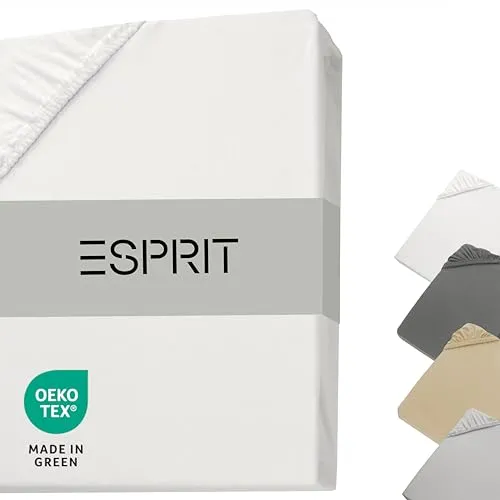 Esprit Spannbettlaken 200 x 200 cm - Weiß - Spannbetttuch aus 95% supergekämmter Baumwolle, ideal für Matratzen bis 30cm Höhe. Pflegeleicht, bügelfrei und mit ÖkoTex Made in Green Siegel für nachhaltige Qualität.