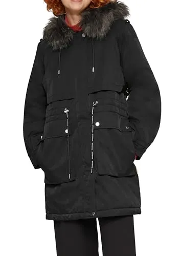 QS Damen 2149857 Mantel mit abnehmbarem Kunstfell, Grau/Schwarz 9999, XS - Funktionsjacke mit fixierter Kapuze und abnehmbarem Kunstfell, ideal für wechselhaftes Wetter und modische Akzente.