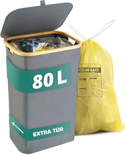 HOMELYN Gelber Sack Ständer 80L grau I Stabiler Müllsackständer I Leichte Entnahme durch Tür auf der Rückseite I Extra für gelbe Säcke I Mülleimer I Behälter für Küche & Haushalt
