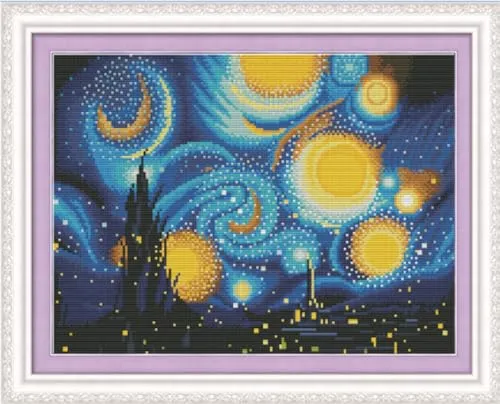 Meecaa Kreuzstich-Set, 11-fädig, geprägt, Sternenhimmel, Mond, Landschaft, Van Gogh, Stickset mit Zubehör, vorgedruckt (36 x 46 cm) (Sternenhimmel)