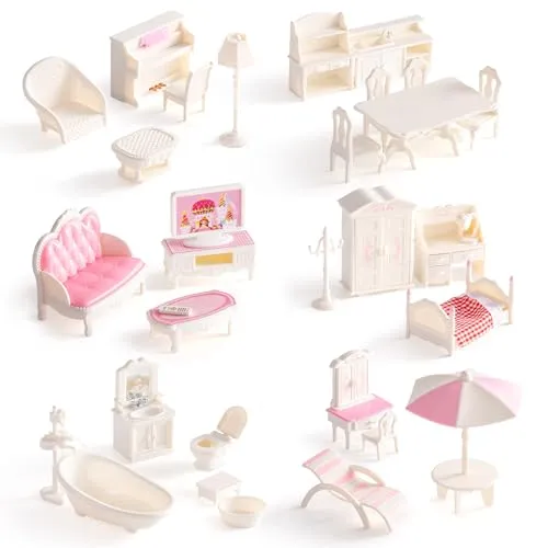 ROBUD Puppenhaus Zubehör Möbel Set – 32-teiliges Klassisches Puppenhausmöbel Set mit Schlafzimmer, Wohnzimmer, Küche & Bad, Terrasse, Rollenspiel Geschenk für Kinder Mädchen ab 3 Jahren