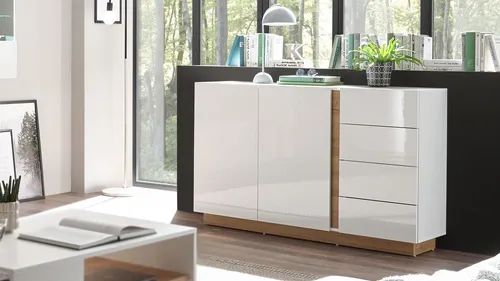 Sideboard 53 Clair Anrichte Kommode Wohnzimmer in weiß Glanz und Eiche 138x91 cm
