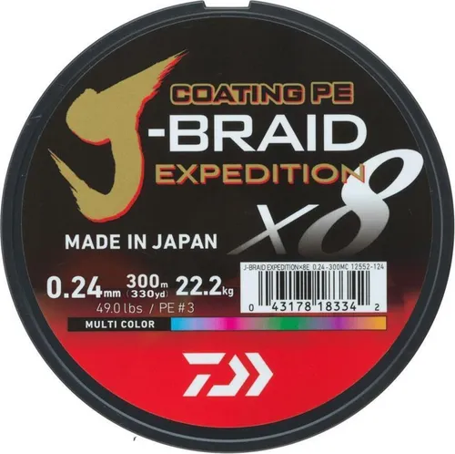 Daiwa J-Braid Expedition X8E 0.20mm-300m Multicolor - Angelschnur aus hochwertigen japanischen Izanas Fasern, mit extrem glatter Silikonbeschichtung für hohe Langlebigkeit und Knotenfestigkeit. Ideal für anspruchsvolle Angler.