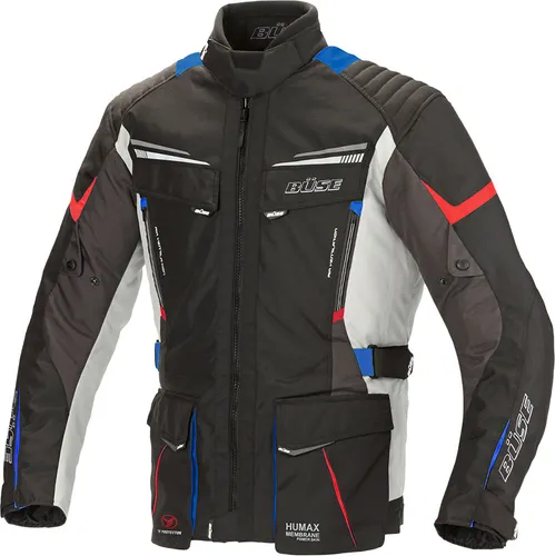 Büse LAGO PRO Textiljacke 3XL - grau/blau/rot - Motorradjacke mit HUMAX® Klimamembran, die wasser- und winddicht sowie atmungsaktiv ist. Entnehmbares Thermofutter und Sicherheitsprotektoren sorgen für optimalen Komfort und Schutz.