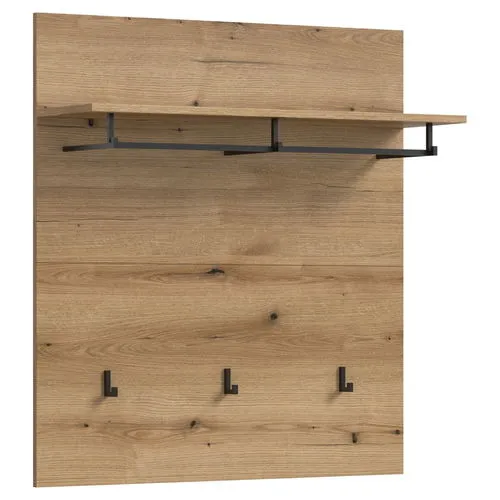 xonox.home Garderobenpaneel Scout - Evoke Oak Nachbildung - Modernes Garderobenpaneel in eleganter Eichenoptik mit 3 Haken und Kleiderstange für einen organisierten Eingangsbereich. Maße: 90x98x27 cm, einfache Montage.