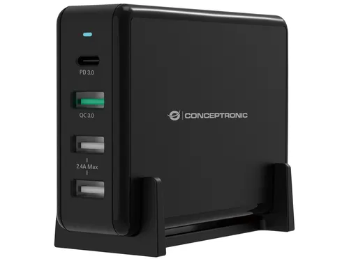 Conceptronic OZUL 4-Port 65W USB-PD Desktop-Ladegerät - Indoor, 5 V, Schwarz, Schnellladung mit umfassendem Schutz vor Überhitzung und Kurzschluss