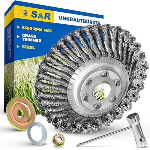 S&R Unkrautbürste 150 mm - 5-TLG Set mit Zubehör - Drahtbürsten-Set für Rasentrimmer und Freischneider, ideal zum effektiven Entfernen von Unkraut und starken Verunreinigungen, mit 33 kraftvollen Stahlborsten für intensiven Einsatz.