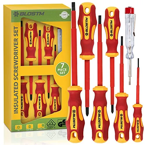 BLOSTM VDE Schraubendreher Set Elektriker - 7-teilig Elektriker Schraubendreher Isoliert bis 1000V mit Gehärtete Black-Point-Spitzen und Ergonomischem Anti-Roll-Design (7 PCS)