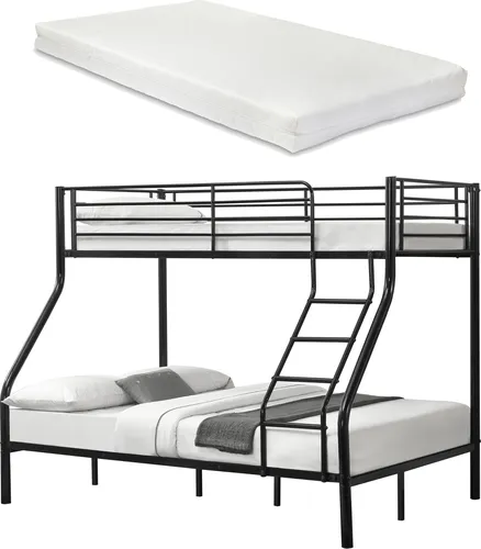 [neu.haus] Metall-Etagenbett Schwarz mit Matratzen 200x140/90cm - Praktisches Stockbett für bis zu drei Personen, ideal für kleine Räume. Mit Leiter und Schutzgitter ausgestattet, sorgt es für Sicherheit und Komfort.