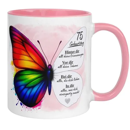Geburtstag Frauen Geschenk Tasse | Schmetterling – Hinter dir Erinnerungen vor dir Träume | Lustige Geschenk Geburtstagstasse Spruch 75. Geburtstag | 75ter Geburtstag - Geburtstagsgeschenk Frau 75