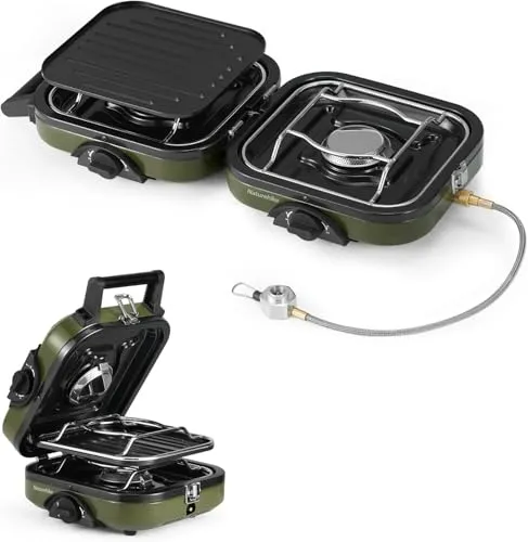Naturehike Campinggaskocher 2-flammig, faltbarer Gaskocher mit Grillplatte, 2-in-1-Brenner, tragbar für Campen, Piezozündung, kompatibel mit Isobutan, ideal für Outdoor-Kochen