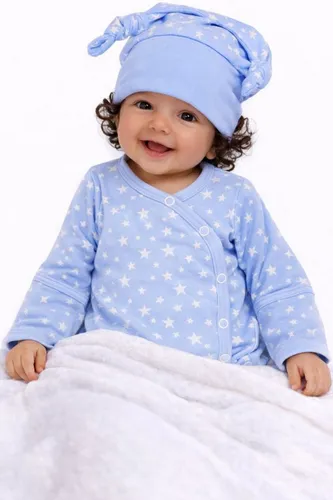 La Bortini Wickelbody Baby Set - Baby-Wäsche mit langarm Body und passender Knotenmütze, aus 100% atmungsaktiver Baumwolle und schönem Sternenmuster – perfekt für Komfort und Stil.