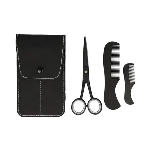 Clauss Bart-Set mit Schere und 2 Kämmen | Premium 13 cm Supercut-Schere im mattschwarz & zwei Kämme | Bartpflege Set für Männer im praktischen Etui | BC-S10041