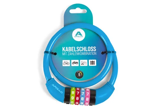 Apollo Zahlenkabelschloss Kinder Fahrradschloss – Zahlenschloss - auch für Scooter und Laufräder, 65 cm Länge, 300 g, 10.000 Kombinationen