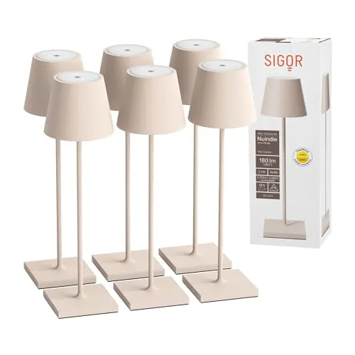 SIGOR LED Tischleuchte Nuindie 380mm - Dimmbar & USB-C - Moderne LED Tischleuchte für Innen & Außen, IP54 spritzwassergeschützt. Mit 12 Stunden Leuchtdauer und warmweißem Licht ist sie ideal für stimmungsvolle Beleuchtung.