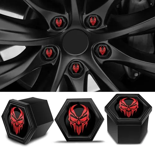Biomar Labs Set mit 20 Stück Auto-Radmutterkappen, Schraubenabdeckung, 19 mm, universal, mit Entfernungswerkzeug, Schwarz / Rot, Totenkopf, LC 16