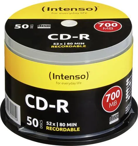 Intenso 1001125 CD-R 80 Rohling 700 MB - 50er Spindel - Rohlinge für Daten, Musik und Filme, zuverlässige Qualität mit 700 MB Speicherplatz pro CD, ideal für Archivierungen und persönliche Backups.