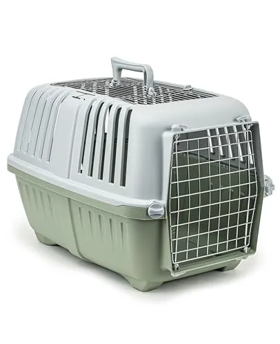 lionto Hundetransportbox aus Kunststoff mit Metallgitter, 58,5x35,5x40 cm - Hundeboxen, ideal für kleine Hunde, Katzen und Kleintiere bis 15kg, mit praktischem Schließsystem und Tragegriff für sicheren Transport.