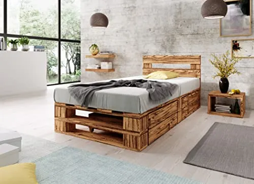 Lermowood Palettenbett M2 aus Holz 90 x 200 cm Geflammt mit Kopfteil und 2 Bettkästen Holzbett 30cm Stabiles Seniorenbett Kinderbett Jugendbett Gästebett erhöhtes Bettgestell Komforthöhe Naturholz