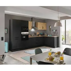 Küchenblock mit E-Geräten CORNWALL III - braun - Küchenzeile mit integriertem Backofen, Geschirrspüler, Kühlschrank und Mikrowelle, perfekt für platzsparende Küchenlösungen.