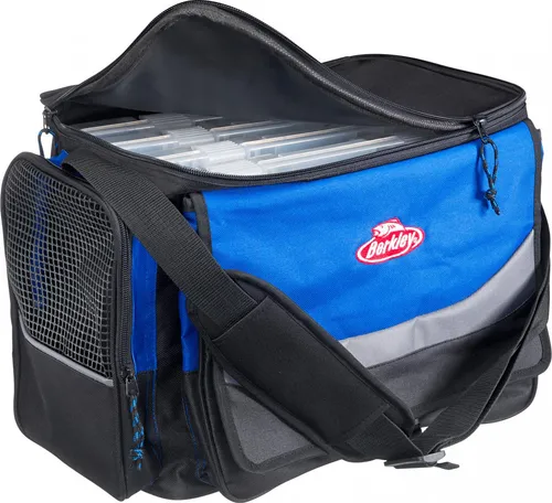 Berkley Tasche mit Köderbox XL (blau) - Angeltasche aus robustem 600D Nylon, inklusive 4 Boxen und verstellbarem Komfortgurt. Ideal für Süß- und Salzwasserangeln, mit praktischem Kühlersegment.