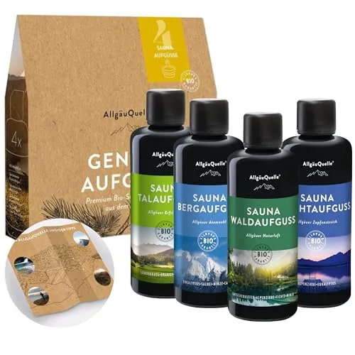 AllgäuQuelle® Saunaaufguss Set Bio 4er - Aufgüsse für die Sauna, 100% natürliche ätherische Öle aus der Allgäuer Bad Nieratz Quelle, ideal zum Entspannen und Verschenken!