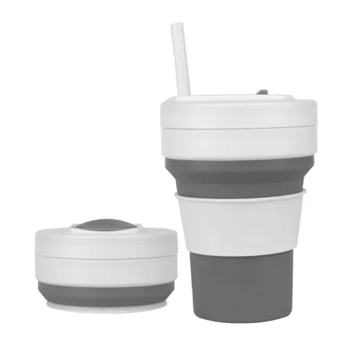 Zusammenklappbare Tassen für die Reise 350ml faltbare Silikontasse mit Strohhalm auslaufsicherer wiederverwendbarer Kaffeebecher