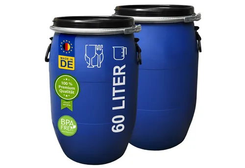 Plasteo Regentonne 60 L Weithalsfass, 2 Stück - Regentonne aus 100% lebensmittelechtem Kunststoff, ideal für Haus und Garten. Mit robustem Spannverschluss und praktischem Tragegriff für einfache Handhabung.