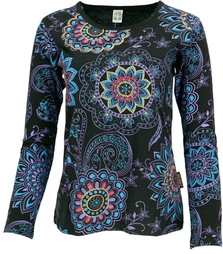 GURU SHOP Besticktes Langarmshirt Hippie Chic Retro - Schwarz/blau, Damen, Size:M