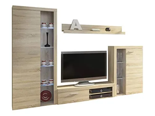 Wohnwand Rango – Modernes Wohnzimmer Set mit Beleuchtung - TV-Bänke & Lowboards – Elegante Wohnwand aus Sonoma Eiche mit stilvoller LED Glasbodenbeleuchtung für ein modernes Ambiente.