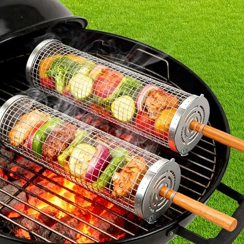 Valyrane Edelstahl Grillkorb Set mit Holzgriff – 2-tlg. Grillkorb Gemüse zum Drehen & Falten, 31x10cm + 30x9cm, für Gemüse, Fleisch, Fisch auf Grill & Lagerfeuer