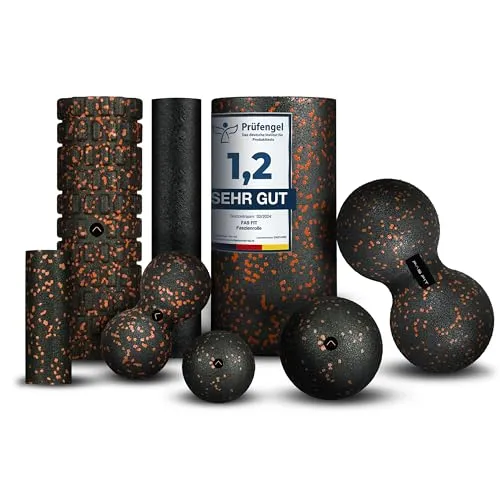 Fas Fit Faszienrolle Faszienball Selbst-Massage Set orange 8teilig – Faszien-Training für Rücken, Wirbelsäule, Pilates – inkl. Poster, Übungsheft, E-Book, Turnbeutel – Nackenrolle Massageball Duoball
