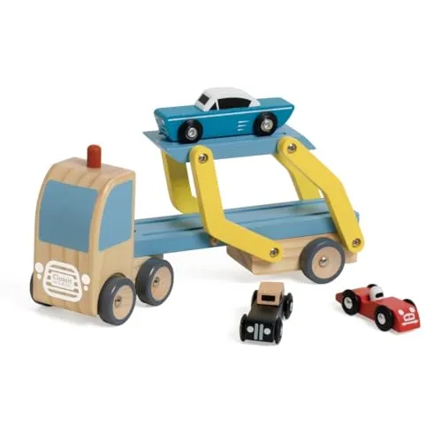 Classic World Autotransporter Holzspielzeug – LKW mit Rampe & 3 Holzautos – Fahrzeuge für Kinder ab 18 Monaten – Spielzeugauto & Geschenk für 1-3 Jahre