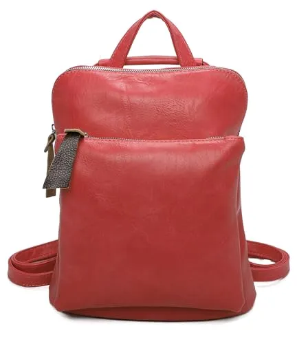 Damen Rucksack Tasche Crossbody Schultertasche Handtasche Messenger Umhängetasche Shopper Cross-Over Handgepäck Vintage Leder Optik Rot