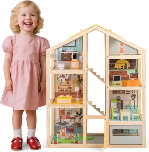 COSTWAY4 Etagen Puppenhaus Holz, Traumvilla mit 24 Zubehört, Möbelstücken, Figuren, Garage&öffnbarer Tür, Kinder Dollhouse DIY Traumhaus für Kinder 3+
