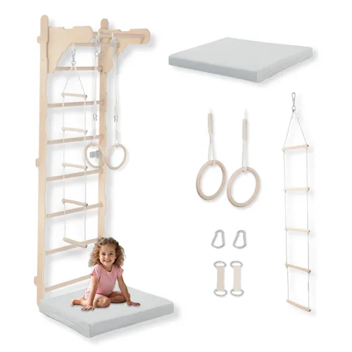 Gymnastik-Sprossenwand für Kinder (210 cm), Wandmontierte Holzleiter, Kletterleiter für Kinder, Turnringe, Schutzmatte, Kletterseil, 100% ECO