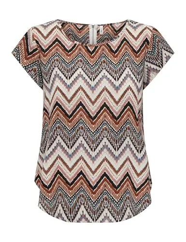 ONLY Damen Einfarbige Kurzarm Bluse Basic Rundhals Ausschnitt Blusen T-Shirt Blouse Oberteil ONLVIC, 15161116,Cloud Dancer/AOP:Arabian Zigzag,36